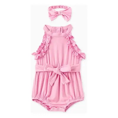 Baby Girl Solid Ruffled Romper with Headband