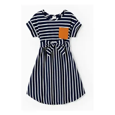 Family Matching Stripe Patched Pocket Belted Dresses and Colorblock Striped T-shirts Sets