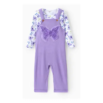 Toddler Girl 2pcs Sweet Butterfly Print Tee and Overalls Set