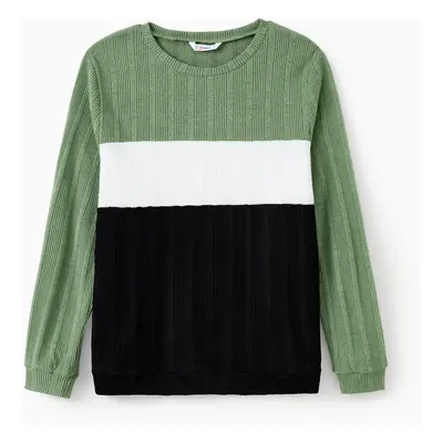 Family Matching Sets Green Color Block Long Sleeves Ribbed Tops/Dress/Romper