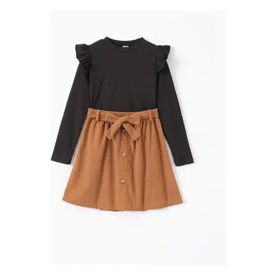 2PCS Kid Solid Color Flutter Sleeve Fashionable Skirt Set