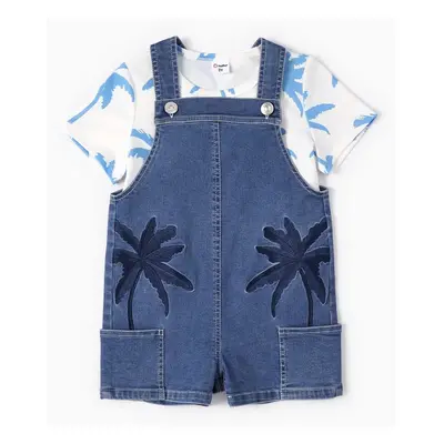 Toddler Boy 2pcs Cooling Denim Plant Print Tee and Overalls Set