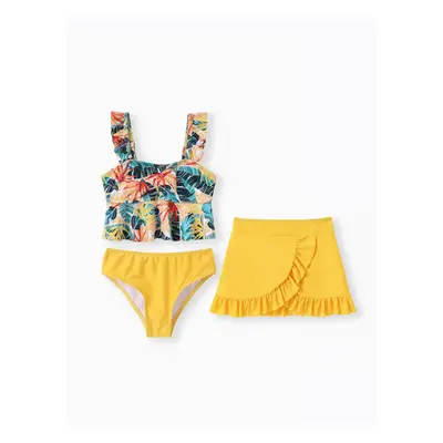 3pcs Kid Girl Floral Print Ruffled Swimsuit