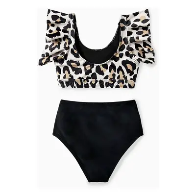 Family Matching Leopard Pattern Drawstring Swim Trunks or Ruffle Neck Two-Piece Bikini with Opti