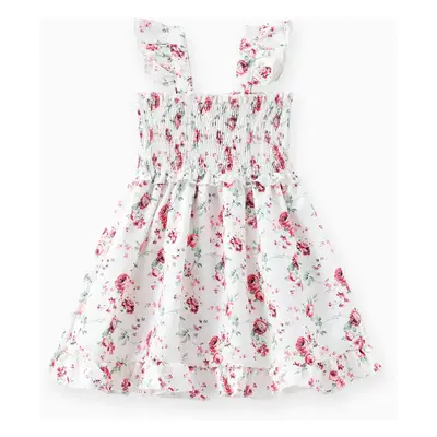 Toddler Girl Sweet Floral Print Smocked Sleeveless Dress