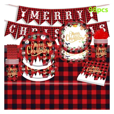 Christmas disposable paper cups, plates, napkins and tableware set with tablecloth flag decorati