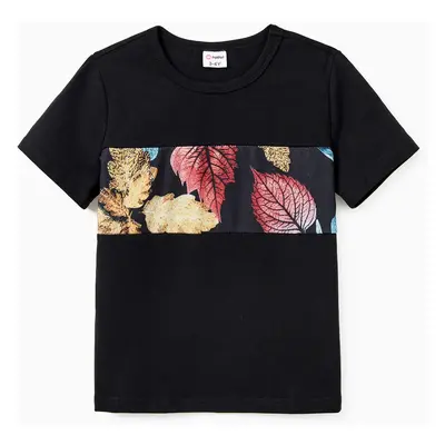 Family Matching Sets Black Tee or Colorful Leaf Pattern Floral Wrap Bottom Ruffle Hem High-Low D