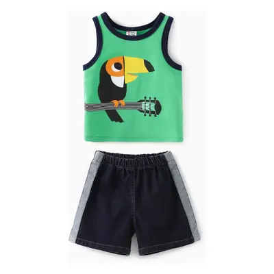 Baby Boy 2pcs Bird Print Tank Top and Cooling Denim Shorts Set