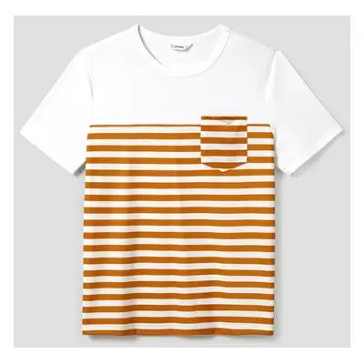 Family Matching Stripe T-shirt and White Top with Orange Polka Dot Wrap Bottom Ruffled Hem Skirt