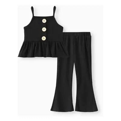 2pcs Baby Girl Solid Spaghetti Strap Peplum Top and Flared Pants Set