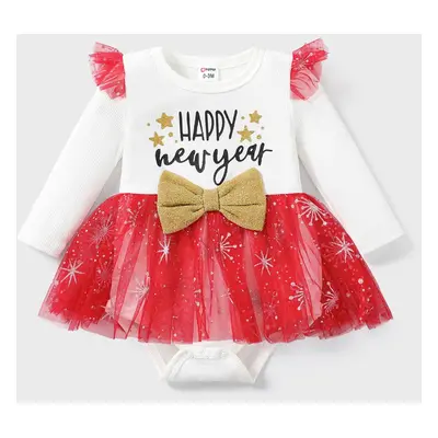 Baby Girl Sweet New Year Pattern Butterfly Bow Ruffle Mesh Romper