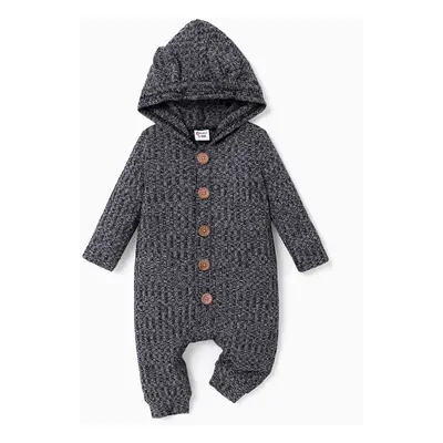 Baby Boy/Girl Heathered Ribbed Long-sleeve 3D Ears Hooded Button Down Jumpsuit