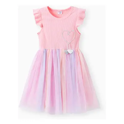 Beautiful Kid Girl Princess Fly Sleeve Heart Rainbow Mesh Fairy Dress