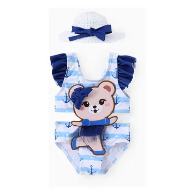 Baby Girl 2pcs Bear Embroidery Swimsuit with Hat