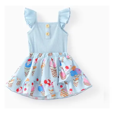 Baby Girl 2pcs Flutter-sleeve Romper and Ice Cream Pattern Skirts Set