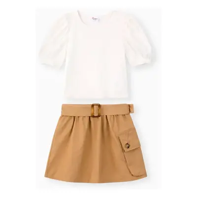 Kid Girl 2pcs Puff-sleeve Tee and Cargo Skirt Set