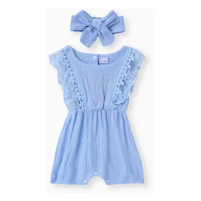 2pcs Baby Girl 95% Cotton Lace Flutter-sleeve Romper with Headband Set