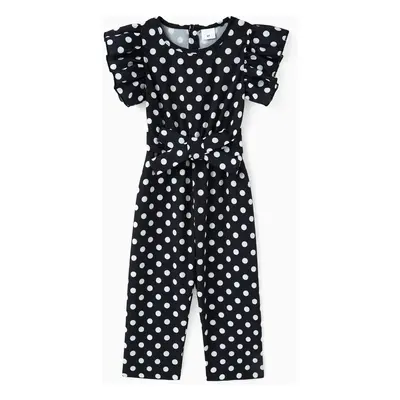 2pcs Toddler Girl Trendy Polka dots Flutter-sleeve Jumpsuits & Belt