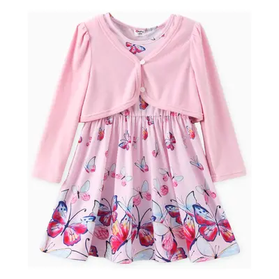 Toddler Girl 2pcs Solid Cardigan and Butterfly Print Dress Set