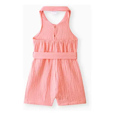 Baby Girl Front Buttons Belted Lapel Neck Strappy Ribbed Rompers