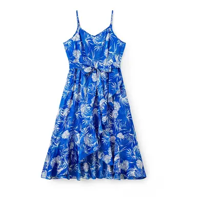 Family Matching Sets Blue Leaf Pattern Shirt or Wrap Bottom Belted Satin Slip Dress Sets