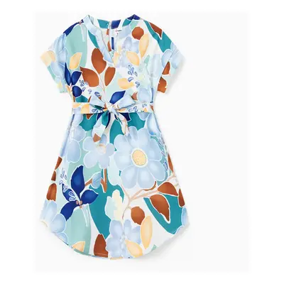 Family Matching Sets Green Color Block Tee or Ruffle Sleeves Belted Blue Floral Dress