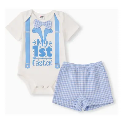 Baby Boy 2pcs Letter Print Bowknot Romper and Plaid Print Shorts Set