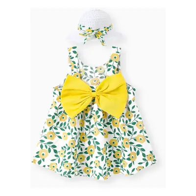 2pcs Floral Print Bowknot Sleeveless Baby Dress & Hat Set