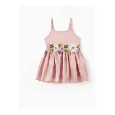 Mommy and Me Sweet Style Flower Embroidered Sleeveless Pleated Tulle Strap Dresses