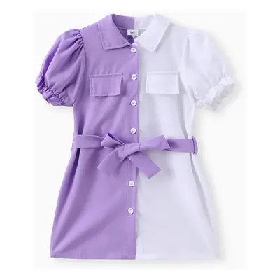 Toddler Girl Elegant Lapel Collar Colorblock Belted Dress