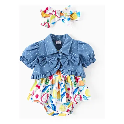 Baby Girl 3pcs Denim Jacket and Fruit Print Romper and Headband Set