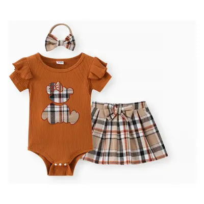 Baby Girl 3pcs Bear Style Embroidered Ruffled Romper and Plaid Skirt with Headband Set