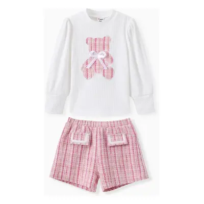 Toddler Girl 2pcs Bear Print Puff-sleeve Sweatshirt and Grid Shorts Set