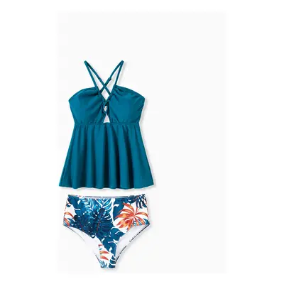 Family Matching Swimsuits Tropical Leaf Pattern Drawstring Swim Trunks or Cross Strap Flowy Tank