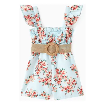 Baby Girl Floral Print Flutter-sleeve Belted Smocked Romper