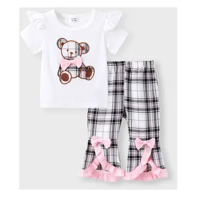 Sweet Girls' 2pcs Summer Cotton Set with Embroidered Bear and Ruffle Edge