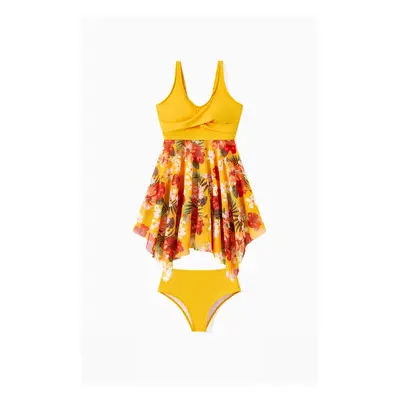 Family Matching Floral Drawstring Swim Trunks or Flowy Spliced Mesh Swim Dress with Triangle Swi