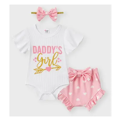 3pcs Baby Girl 95% Cotton Letter Print Ribbed Bodysuit and Shorts and Bow Headband Set