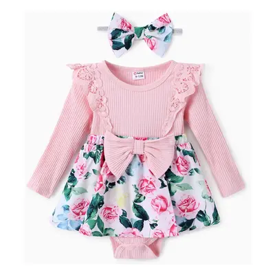 Baby Girl Floral Print Ruffled Romper with Headband