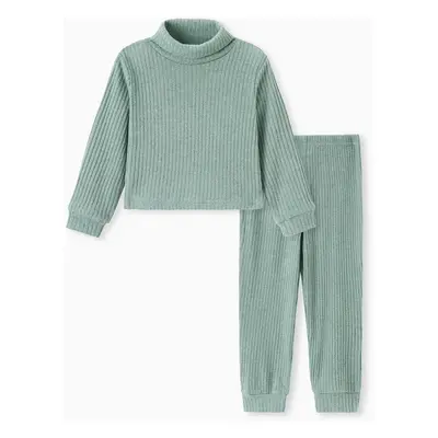 2pcs Toddler Girl Solid Color Ribbed Turtleneck Long-sleeve Tee and Elasticized Pants Set