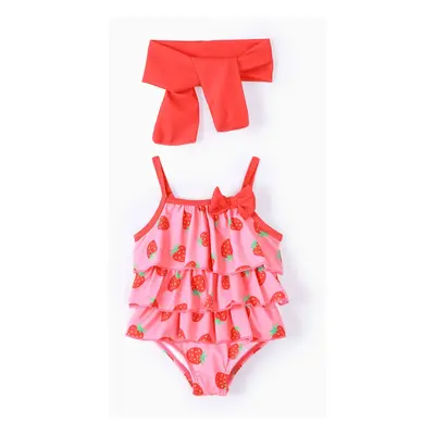 Baby Girl Childlike Strawberry Print Ruffled Swimsuit with Headband