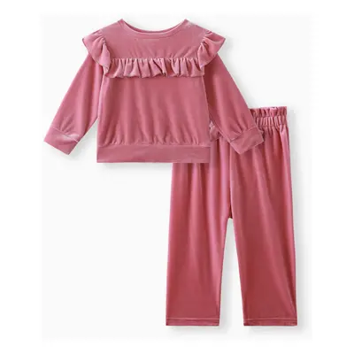 2pcs Baby Girl Pink Velvet Ruffle Trim Long-sleeve Top and Bow Front Pants Set