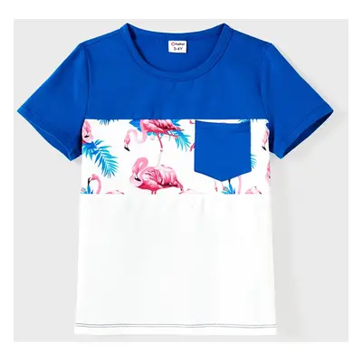 Family Matching Sets Color Block Short-Sleeve Tee and Flamingo Print Ruched Strap Drawstring Sid