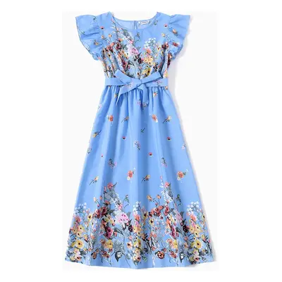 Family Matching Floral Print Ruffle-sleeve Belted Midi Dresses and Striped Short-sleeve T-shirts