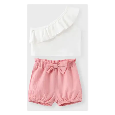 2pcs Baby Girl Solid One Shoulder Sleeveless Ruffle Top and Bloomers Shorts Set