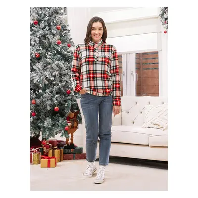 Family Matching Flannel Fleece Red Plaid Button Mid-Neck Pullover