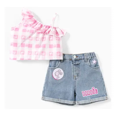 Barbie 2pcs Toddler/Kids Girls One-shoulder Checkered/Plaid Tank Top with Denim Shorts Set