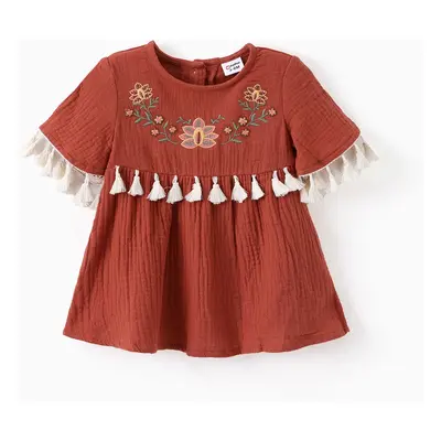 Baby Girl Sweet Floral Embroidery Tasseled Dress