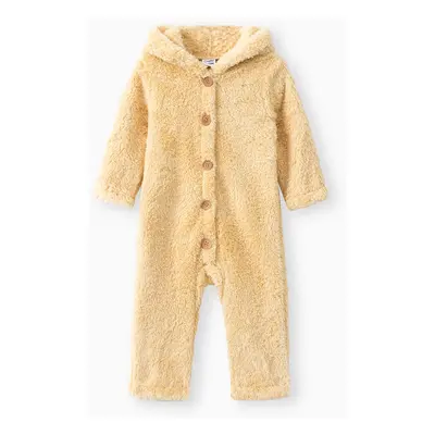 Baby Girl Solid Thickened Fuzzy Fleece Long-sleeve Hooded Jumpsuit