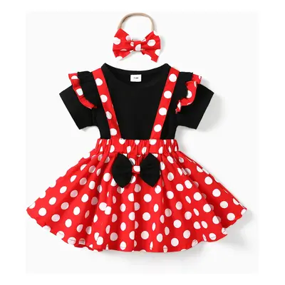 3pcs Baby Girl 95% Cotton Ruffle Short-sleeve Top and Polka Dots Bowknot Suspender Skirt with He